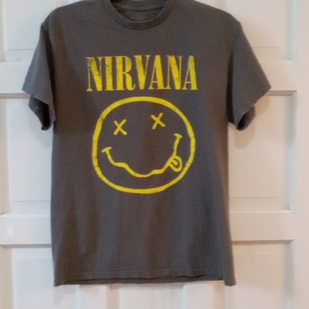 Nirvana Gray T-Shirt with Classic Yellow Smile Face Graphic